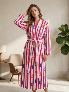 Pink Lobster Block Print Cotton Kimono Robe, Beach Cover Up Dress